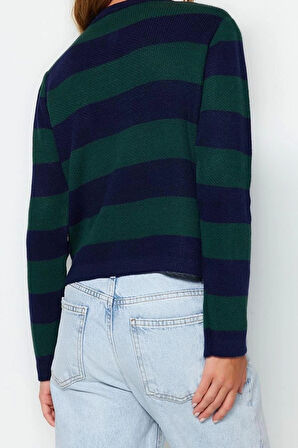 Kadın Modern Tarz Rahat Uzun Bisiklet Yaka Çizgili Kol Regular Triko Hırka