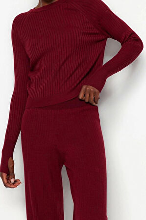 Tarz Kadın Modern Moda Normal Bel Boru Paça Bisiklet Yaka Basic Parmak Detaylı Triko Alt-Üst Takım
