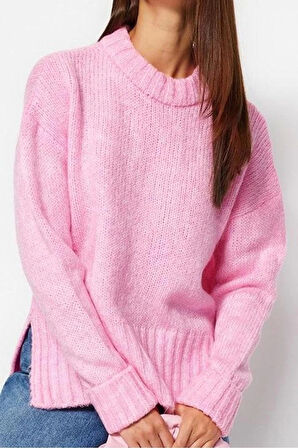 Kadın Modern Tarz Rahat Uzun Bisiklet Yaka Düz Kol Regular Triko Kazak