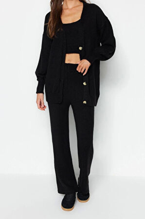 Tarz Kadın Modern Normal Bel Boru Paça V Yaka Geniş Kalıp Yumuşak Dokulu 3lü Triko Alt-Üst Takım