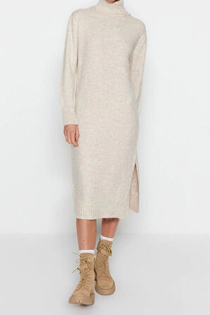 Moda Oversize Casual Günlük Dolu İğne Triko Balıkçı Yaka Uzun Kol Shift Midi Boy Elbise