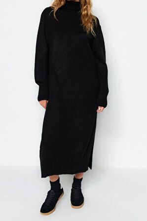 Moda Oversize Casual Günlük Dolu İğne Triko Balıkçı Yaka Uzun Kol Shift Midi Boy Elbise