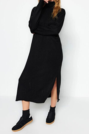 Moda Oversize Casual Günlük Dolu İğne Triko Balıkçı Yaka Uzun Kol Shift Midi Boy Elbise