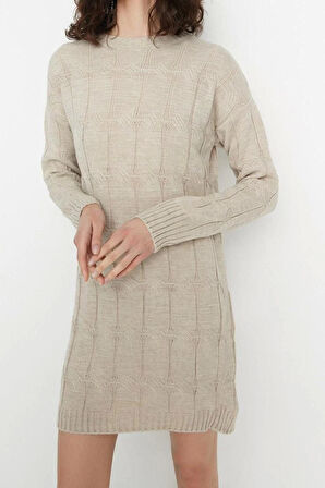 Moda Oversize Casual Günlük Çift Plaka Triko Bisiklet Yaka Uzun Kol Shift Mini Boy Elbise