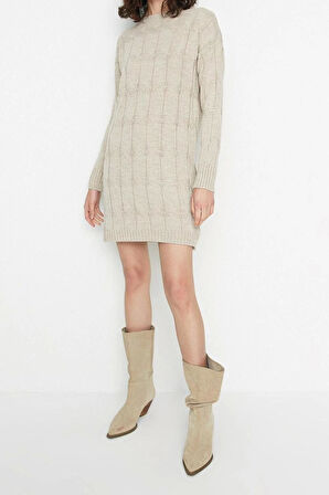 Moda Oversize Casual Günlük Çift Plaka Triko Bisiklet Yaka Uzun Kol Shift Mini Boy Elbise