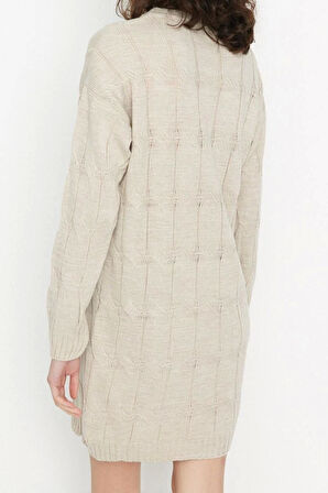 Moda Oversize Casual Günlük Çift Plaka Triko Bisiklet Yaka Uzun Kol Shift Mini Boy Elbise