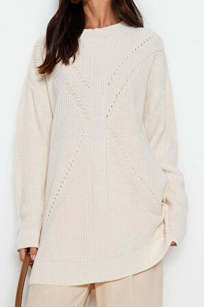 Kadın Modern Tarz Rahat Uzun Bisiklet Yaka Ajurlu Kol Regular Triko Kazak