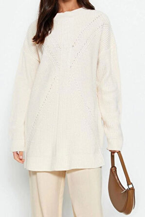 Kadın Modern Tarz Rahat Uzun Bisiklet Yaka Ajurlu Kol Regular Triko Kazak