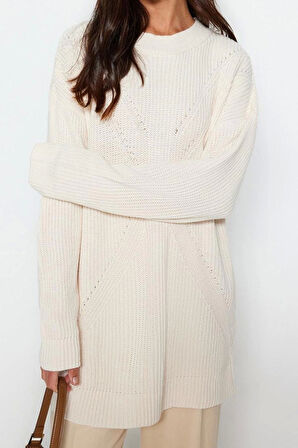 Kadın Modern Tarz Rahat Uzun Bisiklet Yaka Ajurlu Kol Regular Triko Kazak