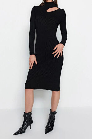 Moda Slim Casual Günlük Fitilli Triko Dik Yaka Uzun Kol Bodycone Midi Boy Elbise