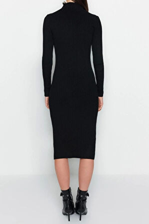 Moda Slim Casual Günlük Fitilli Triko Dik Yaka Uzun Kol Bodycone Midi Boy Elbise