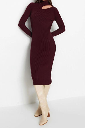 Moda Slim Casual Günlük Fitilli Triko Dik Yaka Uzun Kol Bodycone Midi Boy Elbise