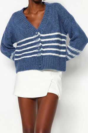 Kadın Modern Tarz Rahat Uzun V Yaka Çizgili Kol Regular Triko Hırka