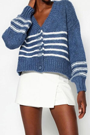 Kadın Modern Tarz Rahat Uzun V Yaka Çizgili Kol Regular Triko Hırka