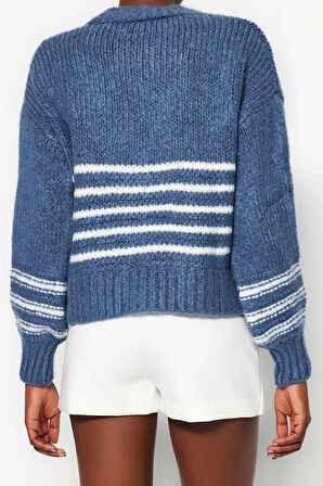 Kadın Modern Tarz Rahat Uzun V Yaka Çizgili Kol Regular Triko Hırka