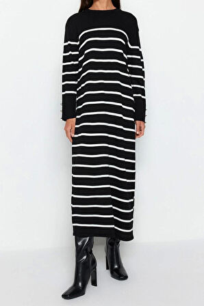 Moda Regular Casual Günlük Çift Plaka Triko Bisiklet Yaka Uzun Kol Shift Maxi Boy Tesettür Elbise