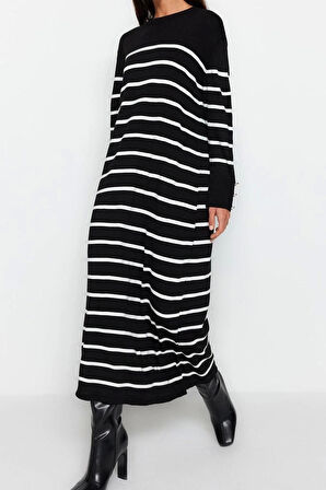 Moda Regular Casual Günlük Çift Plaka Triko Bisiklet Yaka Uzun Kol Shift Maxi Boy Tesettür Elbise