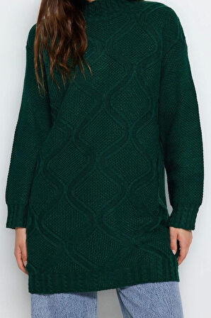 Kadın Modern Tarz Rahat Uzun Yarım Balıkçı Yaka Saç Örgü Kol Midi Triko Kazak