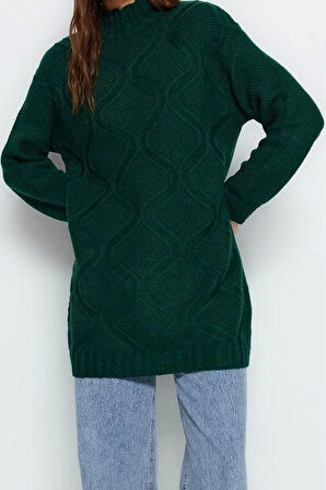 Kadın Modern Tarz Rahat Uzun Yarım Balıkçı Yaka Saç Örgü Kol Midi Triko Kazak