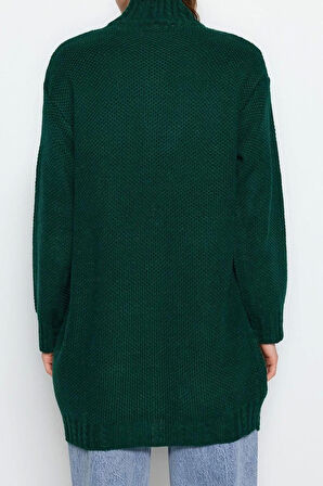 Kadın Modern Tarz Rahat Uzun Yarım Balıkçı Yaka Saç Örgü Kol Midi Triko Kazak