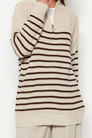 Stil Modern Kadın Midi Düşük Kol Yarım Balıkçı Yaka Tesettür Çizgili Fermuar Detaylı Triko Kazak