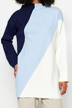 Kadın Modern Tarz Rahat Uzun Dik Yaka Renk Bloklu Kol Regular Triko Kazak