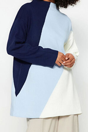 Kadın Modern Tarz Rahat Uzun Dik Yaka Renk Bloklu Kol Regular Triko Kazak