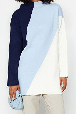 Kadın Modern Tarz Rahat Uzun Dik Yaka Renk Bloklu Kol Regular Triko Kazak