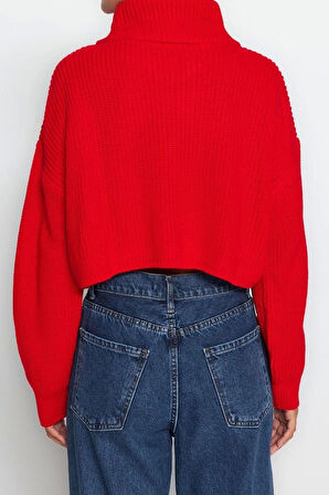 Kadın Modern Tarz Rahat Uzun Dik Yaka Düz Kol Crop Triko Kazak