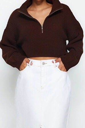 Stil Modern Kadın Crop Standart Kol Dik Yaka Süper Fermuarlı Triko Kazak