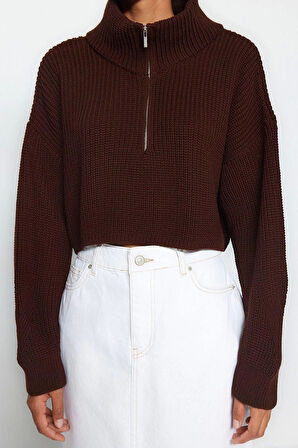 Stil Modern Kadın Crop Standart Kol Dik Yaka Süper Fermuarlı Triko Kazak