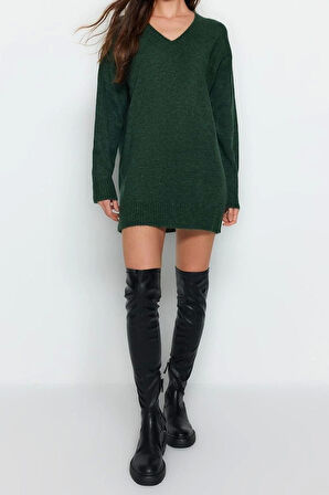 Moda Oversize Casual Günlük Dolu İğne Triko V Yaka Uzun Kol Kazak Elbise Mini Boy Elbise