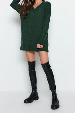 Moda Oversize Casual Günlük Dolu İğne Triko V Yaka Uzun Kol Kazak Elbise Mini Boy Elbise