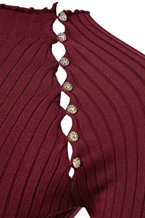 Stil Modern Kadın Regular Standart Kol Dik Yaka Pencere Cut Out Aksesuar Detaylı Triko Kazak