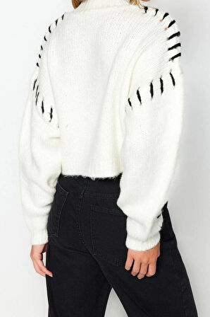 Kadın Modern Tarz Rahat Uzun Dik Yaka Renk Bloklu Kol Crop Triko Kazak