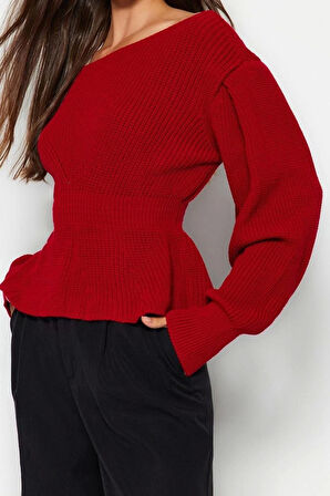 Stil Modern Kadın Regular Balon Kol Kayık Yaka Volanlı Triko Kazak