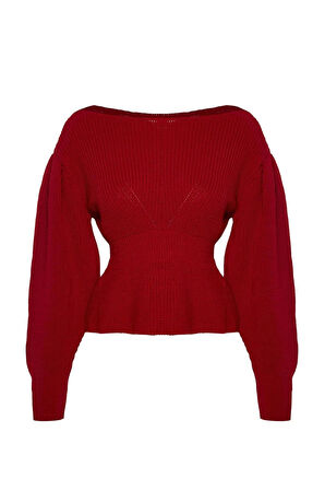 Stil Modern Kadın Regular Balon Kol Kayık Yaka Volanlı Triko Kazak