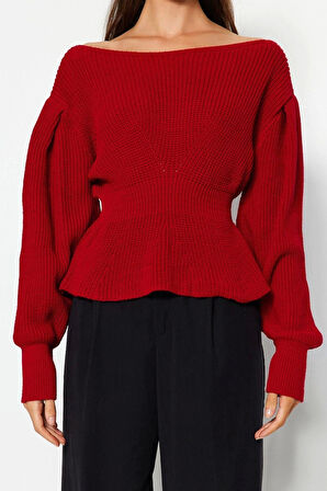 Stil Modern Kadın Regular Balon Kol Kayık Yaka Volanlı Triko Kazak