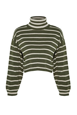 Stil Modern Kadın Crop Düşük Kol Balıkçı Yaka Çizgili Triko Kazak
