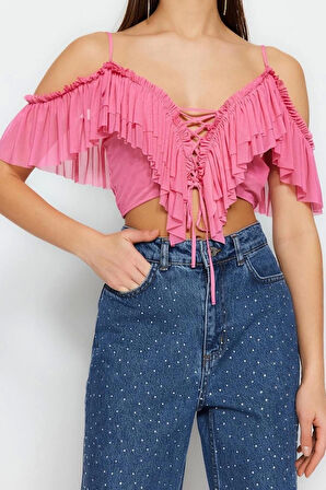 Moda V Yaka Örme Regular Düz Desen Şık gece Crop Kısa Kol Bluz