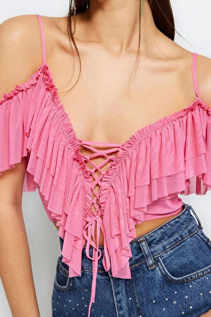 Moda V Yaka Örme Regular Düz Desen Şık gece Crop Kısa Kol Bluz