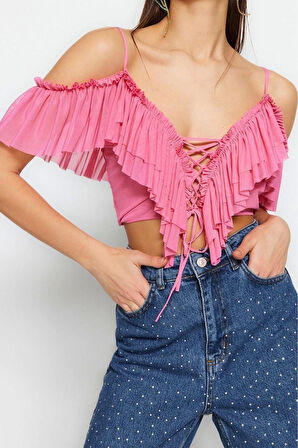 Moda V Yaka Örme Regular Düz Desen Şık gece Crop Kısa Kol Bluz