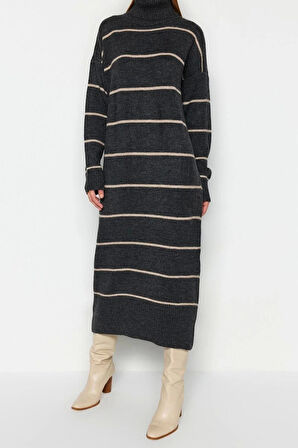 Moda Oversize Casual Günlük Çift Plaka Triko Balıkçı Yaka Uzun Kol Shift Maxi Boy Elbise