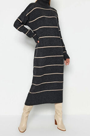 Moda Oversize Casual Günlük Çift Plaka Triko Balıkçı Yaka Uzun Kol Shift Maxi Boy Elbise