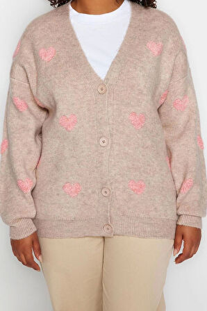 Büyük Beden Kadın Modern Tarz Rahat Uzun Ceket Yaka Kalp Kol Regular Triko Hırka