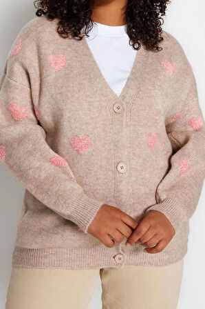 Büyük Beden Kadın Modern Tarz Rahat Uzun Ceket Yaka Kalp Kol Regular Triko Hırka