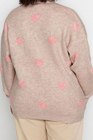 Büyük Beden Kadın Modern Tarz Rahat Uzun Ceket Yaka Kalp Kol Regular Triko Hırka