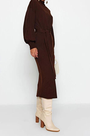 Moda Regular Casual Günlük Tek Plaka Dokuma Bisiklet Yaka Uzun Kol A-Line Maxi Boy Tesettür Elbise