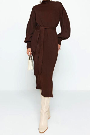 Moda Regular Casual Günlük Tek Plaka Dokuma Bisiklet Yaka Uzun Kol A-Line Maxi Boy Tesettür Elbise