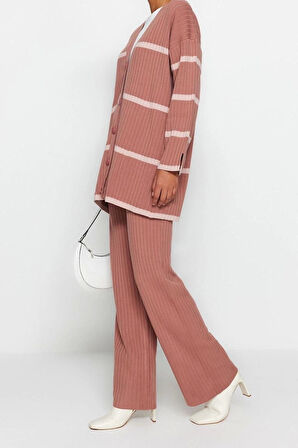 Moda Triko Çizgili V Yaka Düşük Kol Casual Günlük Fitil Örgü Triko Hırka-Pantolon Alt-Üst Takım